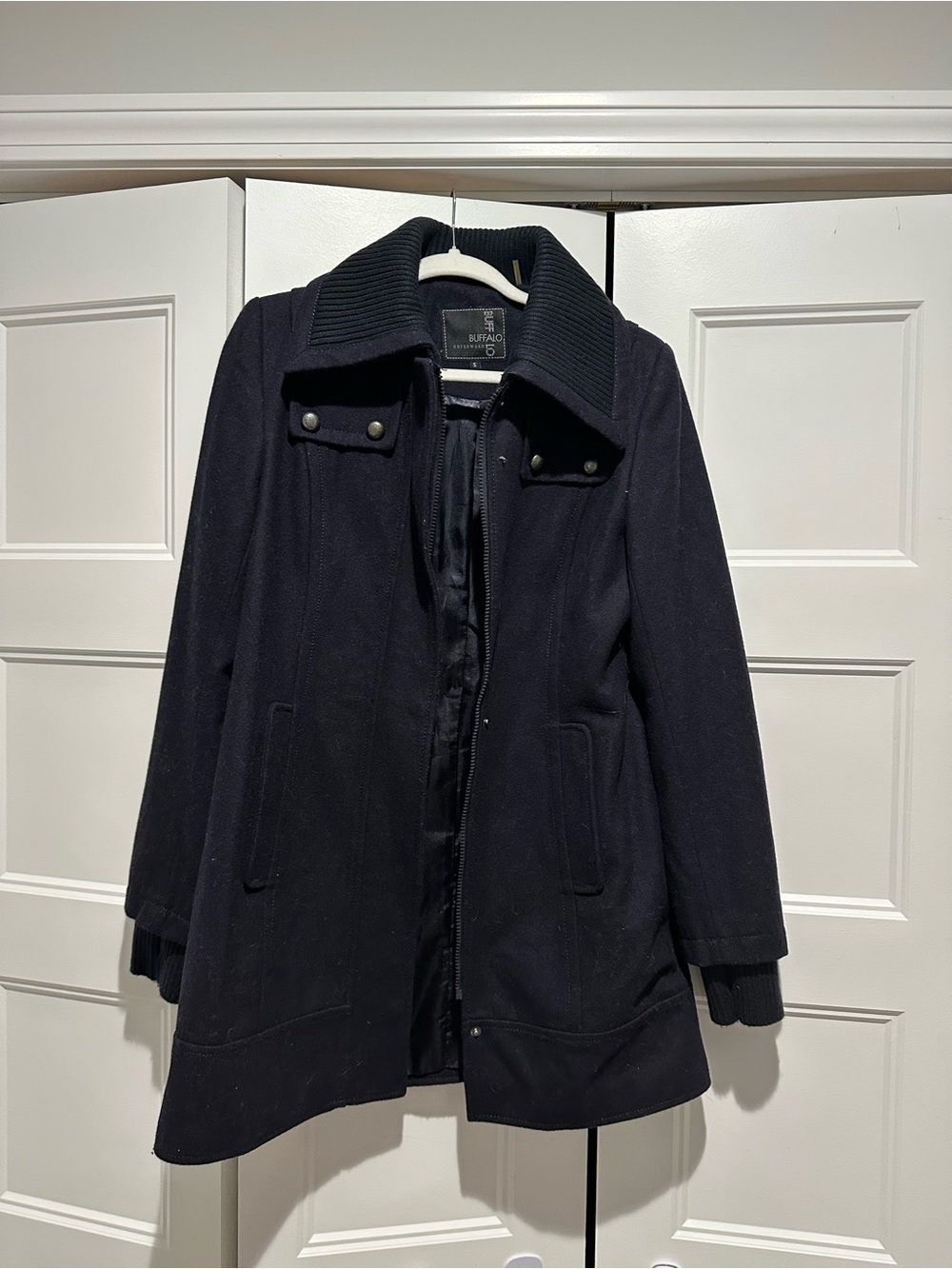 Women's Navy Wool-Blend Coat with Ribbed Collar